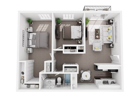 A top-down view of a neatly organized apartment with a kitchen, living room, and bathroom.